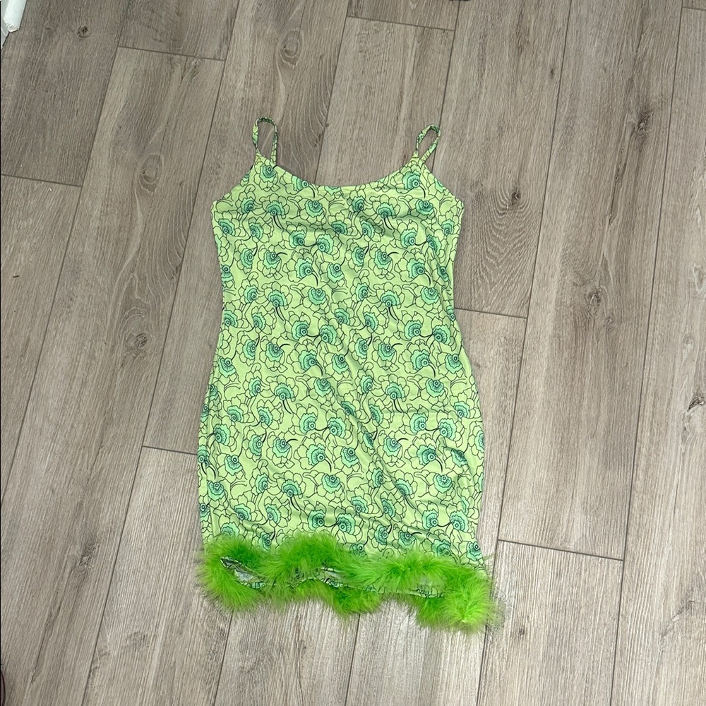 Green and Blue Patterned Dress with Feather Trim